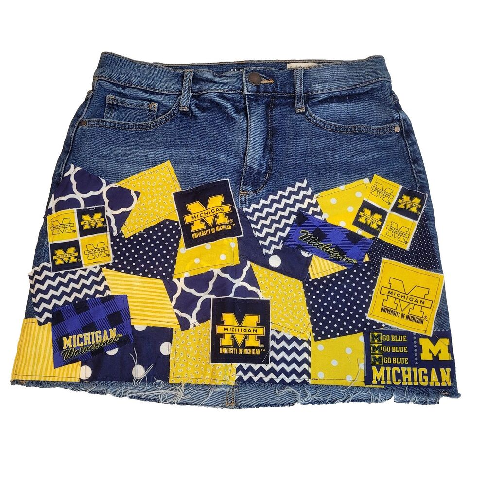 Custom University Of Michigan Women's Patchwork Denim Jean Skirt 30 Raw Hem